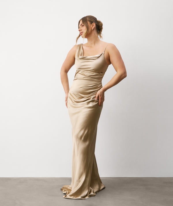 long champagne colored bridesmaid dresses Asymmetrical Bardot Strap Satin Bridesmaid Dress - Champagne