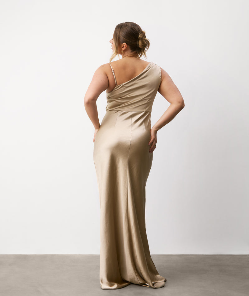 champagne asymmetrical dress Cowl Satin Bridesmaid Sabrina Carpenter Just Revived LIGHTWEIGHT An asymmetric cape cascades Color:Pearl-Pink