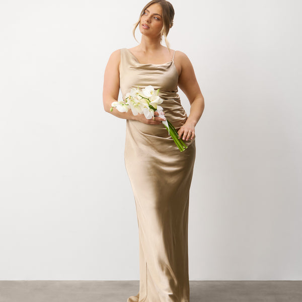satin dress silk Cowl Front Asymmetrical Satin Bridesmaid Dress - Champagne | Six Stories