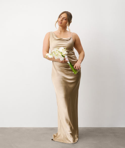 Cowl Front Asymmetrical Satin Bridesmaid Dress - Champagne | Six Stories