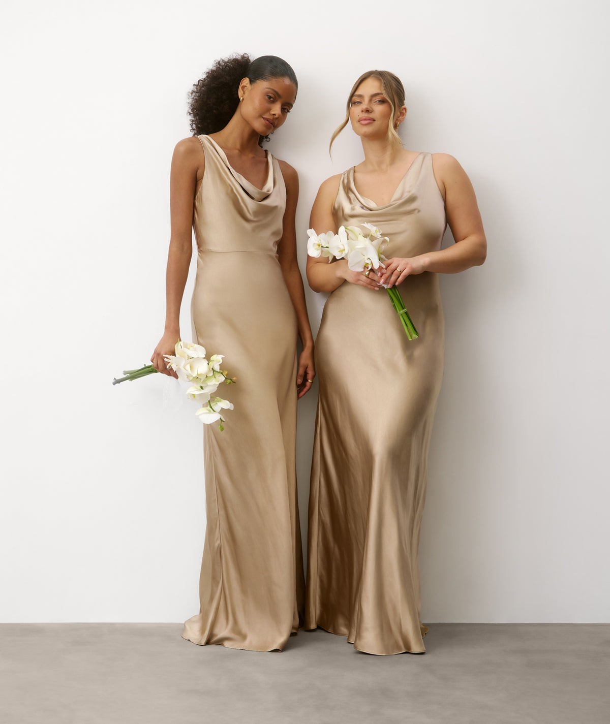 Cowl Front Long Sleeve Satin Bridesmaid Dress - Champagne