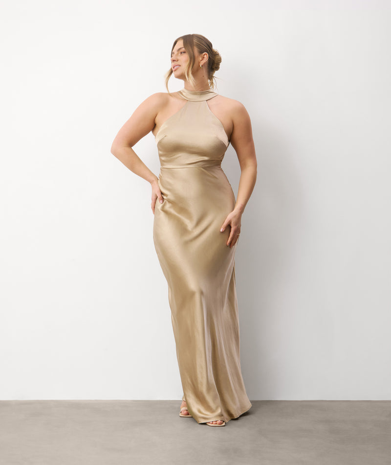 bcbg champagne halter dress Neck Satin Bridesmaid Designer Dramas