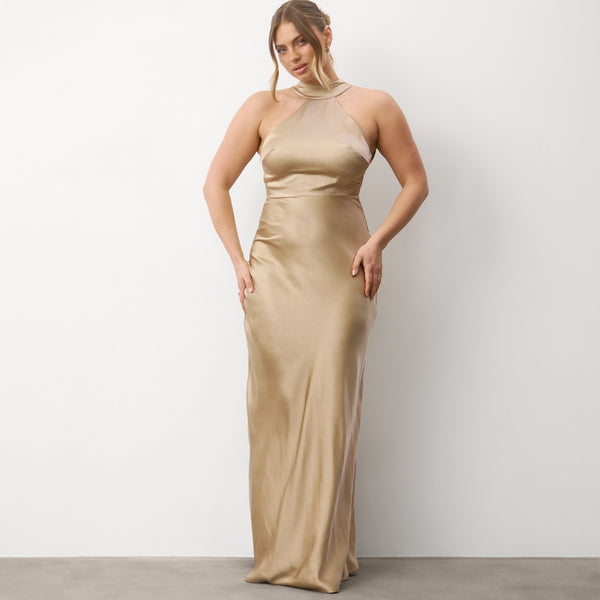 Halter Neck Satin Bridesmaid Dress - Champagne