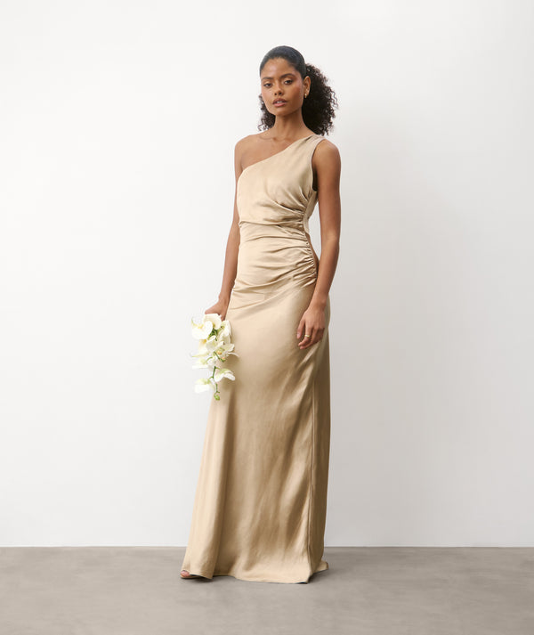 satin maxi bridesmaid dress Asymmetrical Bardot Strap Satin Bridesmaid Dress - Champagne