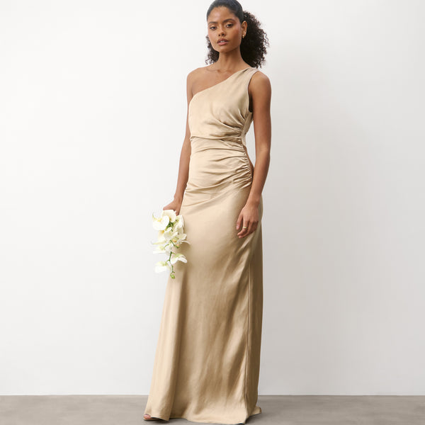 one shoulder satin dress Six Stories One-Shoulder Ruched Satin Maxi Dress