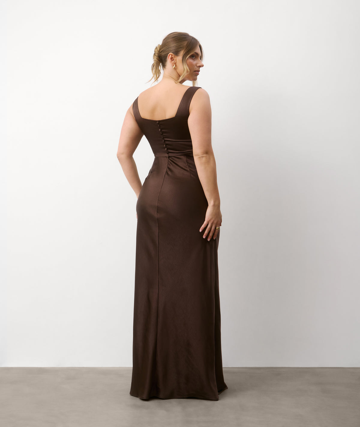 Square Neck Satin Bridesmaid Dress with Chiffon Cape - Chocolate