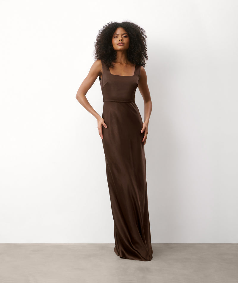 square neck bridesmaid dress Chocolate Satin Bridesmaid Dress with Chiffon Cape