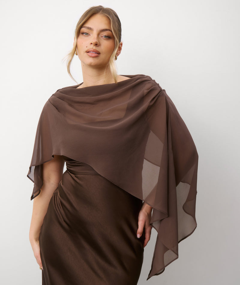 Square Neck Satin Bridesmaid Dress with Chiffon Cape - Chocolate