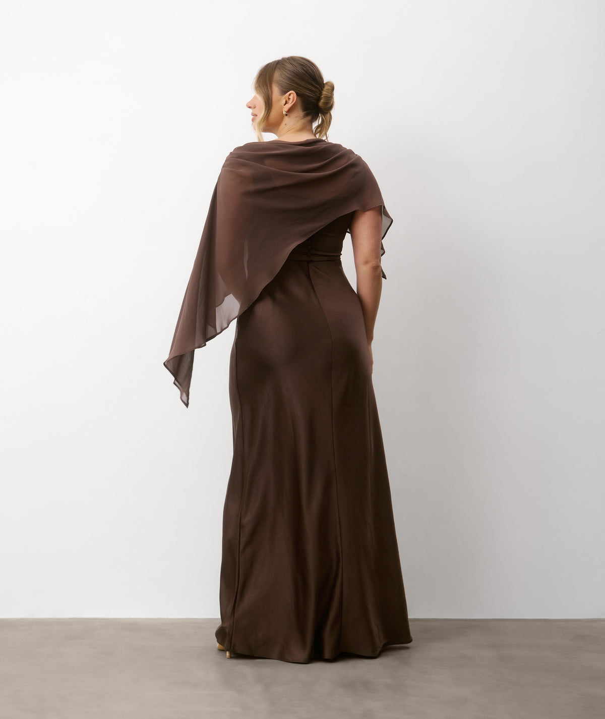 Square Neck Satin Bridesmaid Dress with Chiffon Cape - Chocolate
