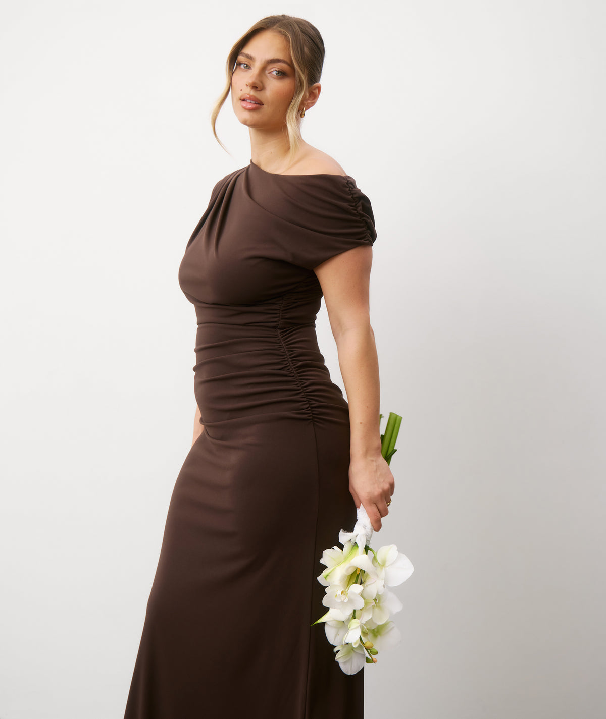 Asymmetric Neck Stretch Sculpt Bridesmaid Dress - Chocolate