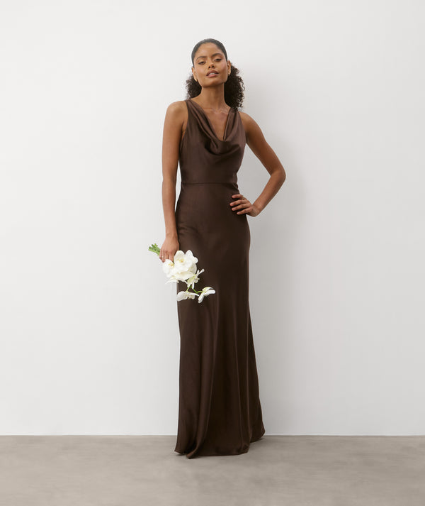 brown bridesmaid dress One Shoulder Drape Satin Bridesmaid Dress