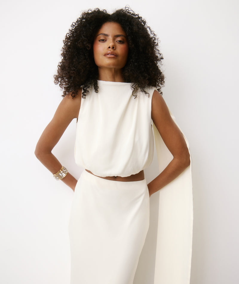 cream satin high neck dress Women's Cream High Neck Tie Detail Satin Maxi Dress