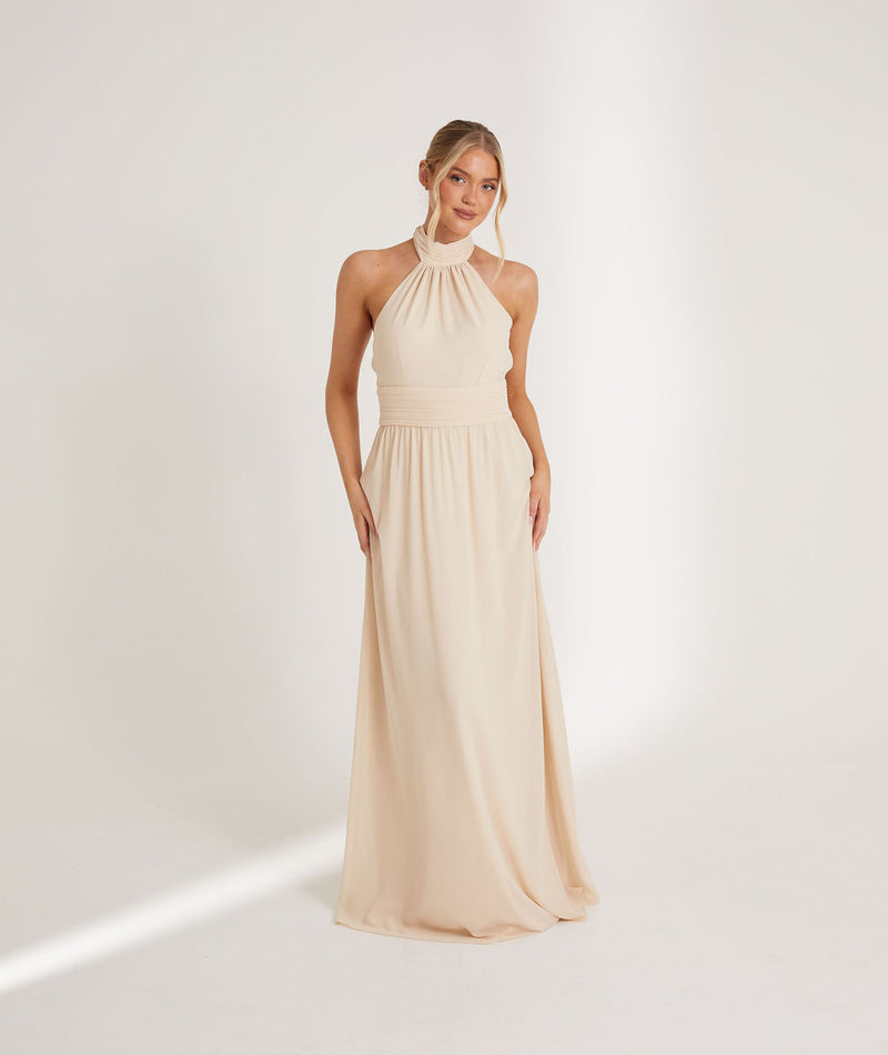 Halter Neck Chiffon Bridesmaid Dress - Butter Cream Six Stories Halter Neck Chiffon Bridesmaid Dress - Butter Cream Six Stories