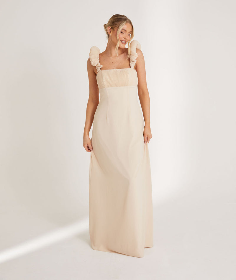 Statement Shoulder Chiffon Bridesmaid Dress - Butter Cream Statement Shoulder Chiffon Bridesmaid Dress - Butter Cream