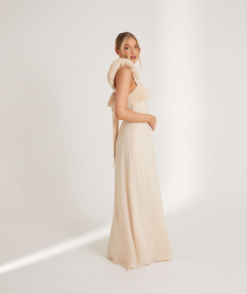 Statement Shoulder Chiffon Bridesmaid Dress - Butter Cream Six Stories Statement Shoulder Chiffon Bridesmaid Dress - Butter Cream Six Stories