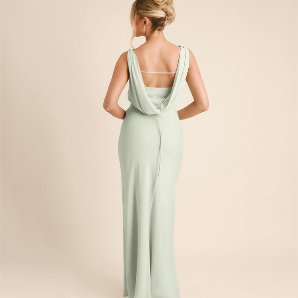 sage green dress with neck scarf Six Stories Women's Plunge Cowl Chiffon Bridesmaid Dress