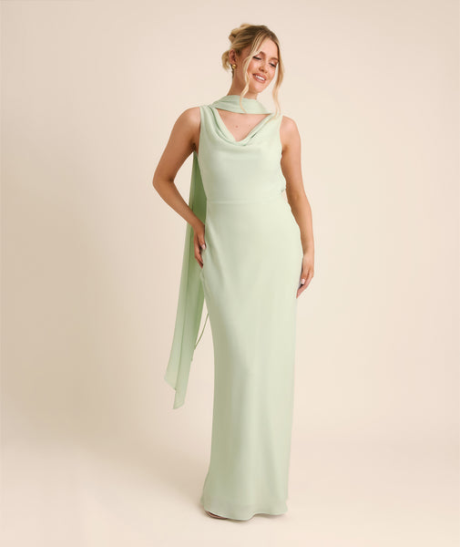Plunge Cowl Chiffon Bridesmaid Dress with Neck Scarf - Mint Green