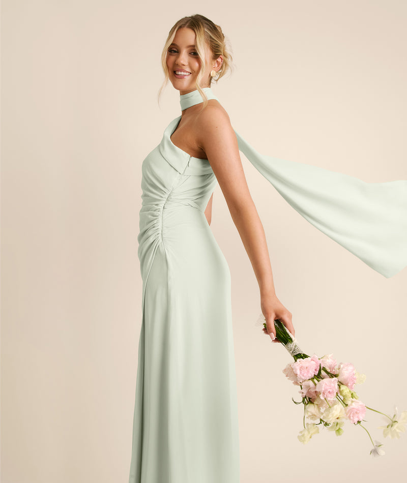 One Shoulder Neck Tie Chiffon Bridesmaid Dress