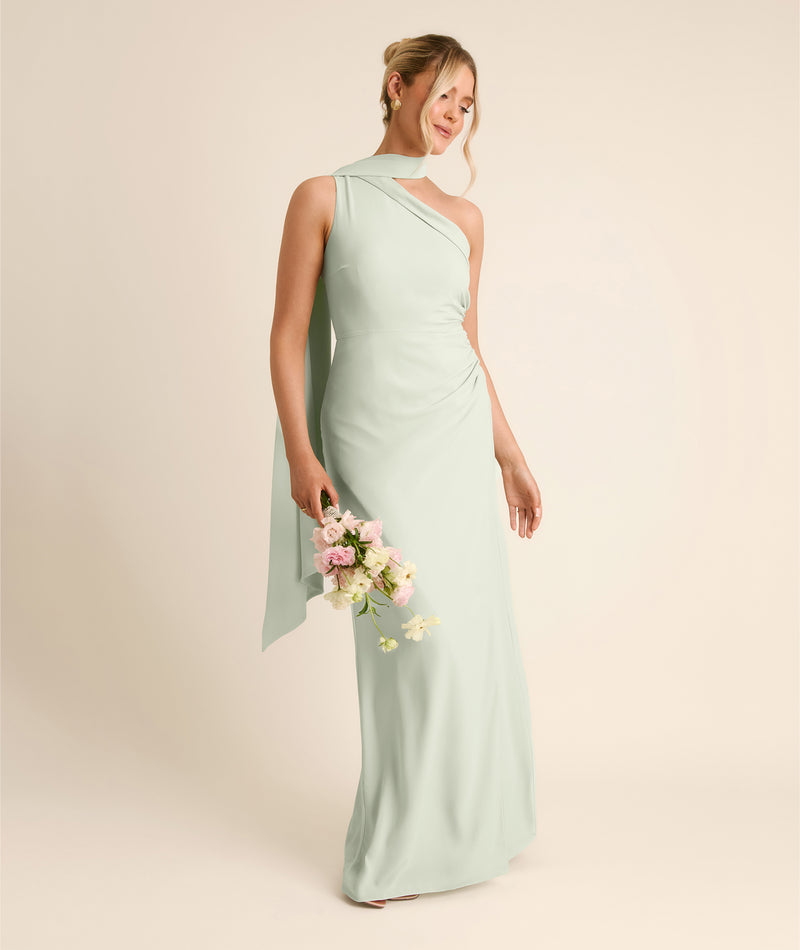 green emerald velvet dress Green Crepe One Shoulder Mermaid Midi Dress with Flower main image 0