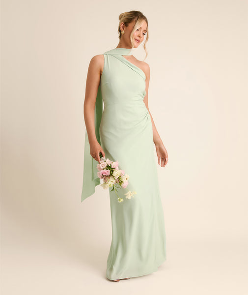 One Shoulder Neck Tie Chiffon Bridesmaid Dress - Mint Green