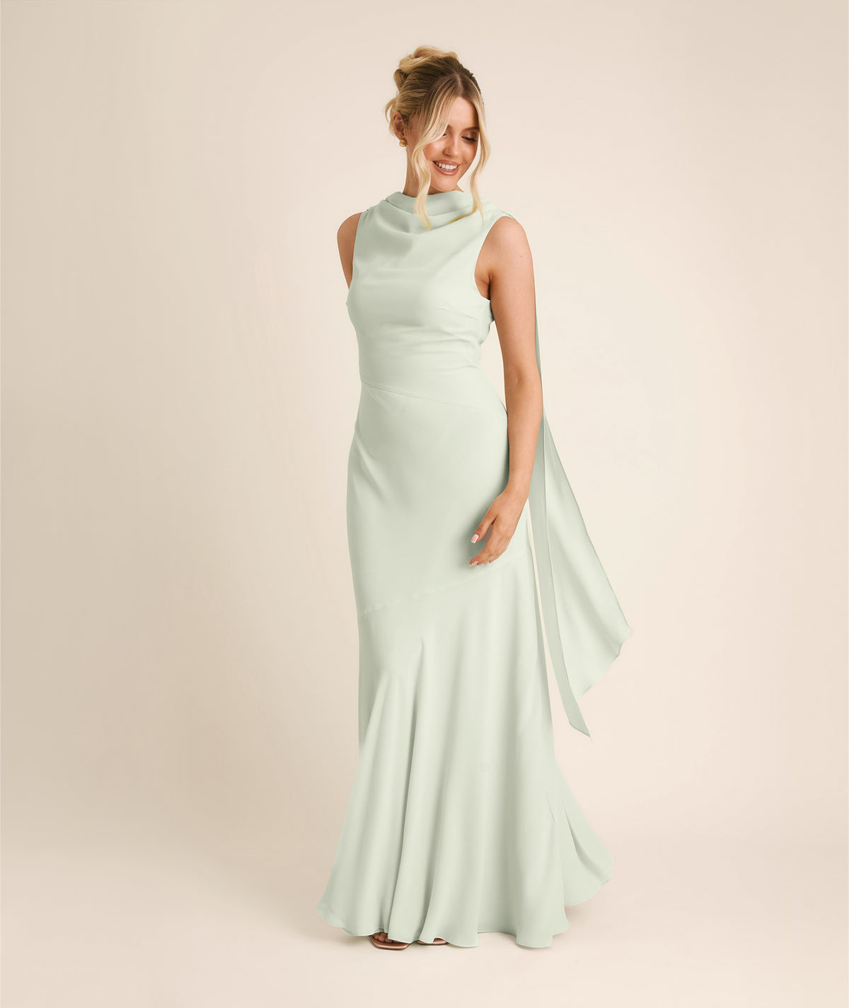 High Cowl Neck Drape Chiffon Bridesmaid Dress - Mint Green