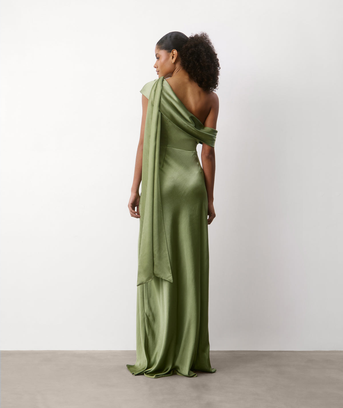 One Shoulder Drape Satin Bridesmaid Dress - Moss Green
