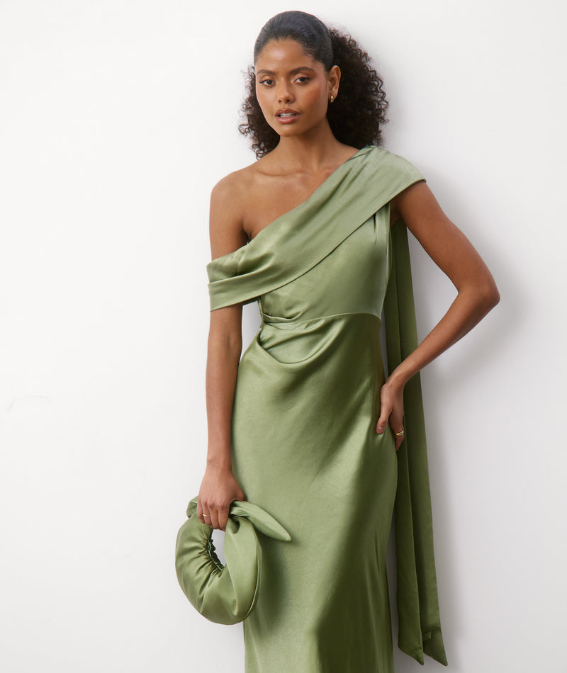 green silk one shoulder dress Drape Satin Bridesmaid olive green satin fabric