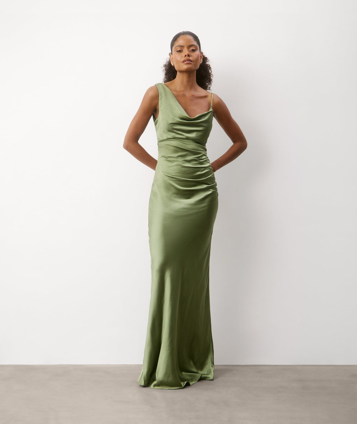 green silky dress Cowl Front Satin Bridesmaid Dress - Moss Green
