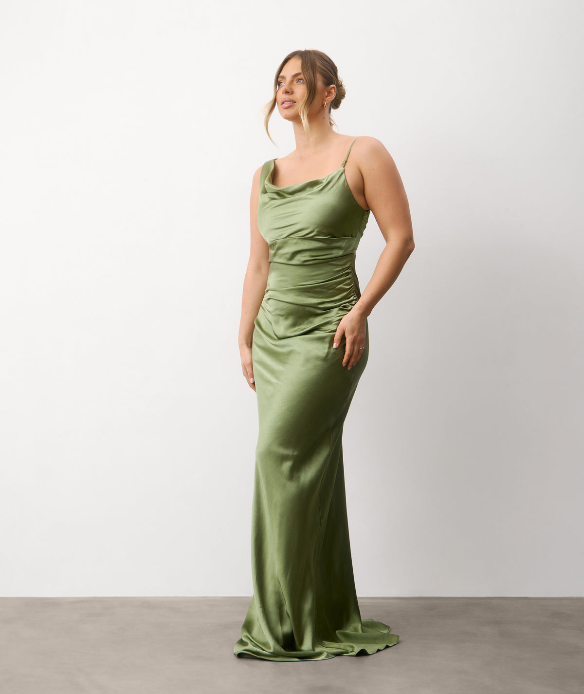 Cowl Asymmetrical Satin Bridesmaid Dress - Moss Green