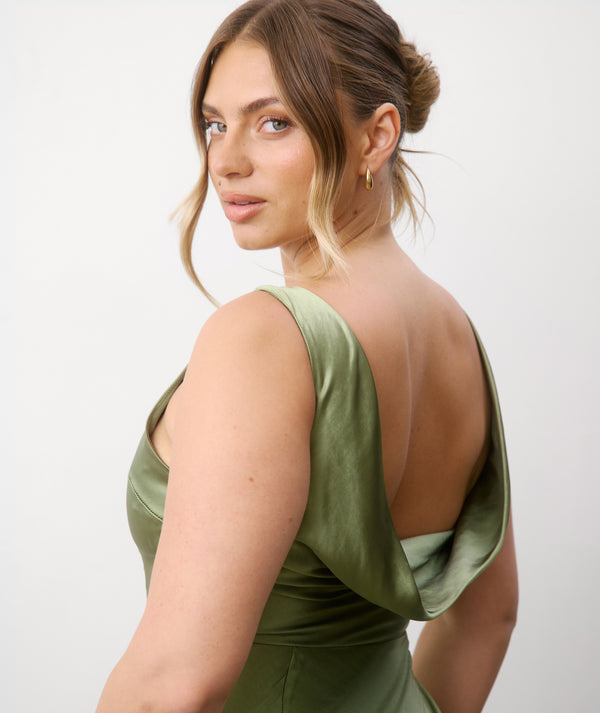 Twist Back Satin Bridesmaid Dress - Moss Green
