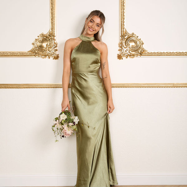 Six Stories Halter Neck Satin Bridesmaid Dress in Moss Green at Nordstrom, Size 14 Six Stories Halter Neck Satin Bridesmaid Dress in Moss Green at Nordstrom, Size 14