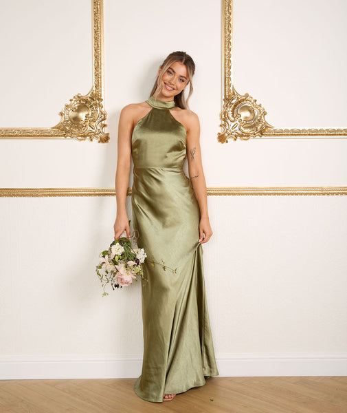 Halter Neck Satin Bridesmaid Dress - Moss Green | Occasion Halter Neck Satin Bridesmaid Dress - Moss Green | Occasion