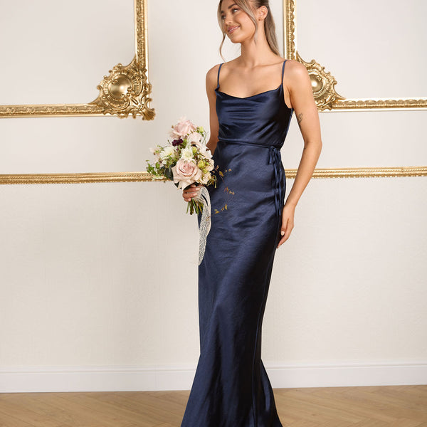 midnight blue satin dress Paloma Navy Satin Dress, Navy Satin Formal Prom Dress, Halter V-neck Satin  Gown