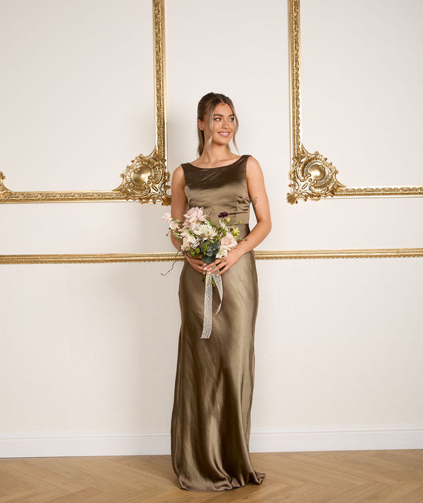 Six Stories Womens Dark Olive V-neck flutter-sleeve Satin Maxi Dress 6