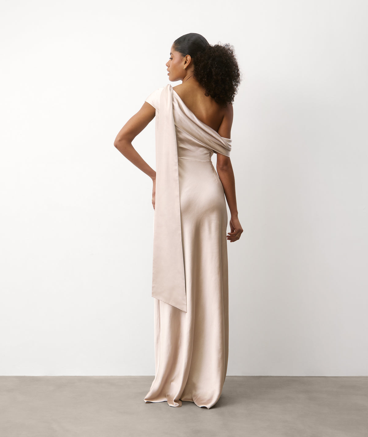One Shoulder Drape Satin Bridesmaid Dress - Oyster
