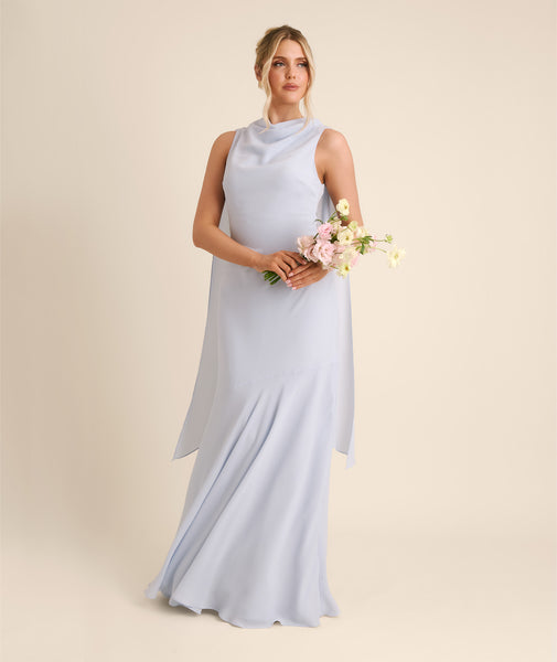 High Cowl Neck Drape Chiffon Bridesmaid Dress - Powder Blue