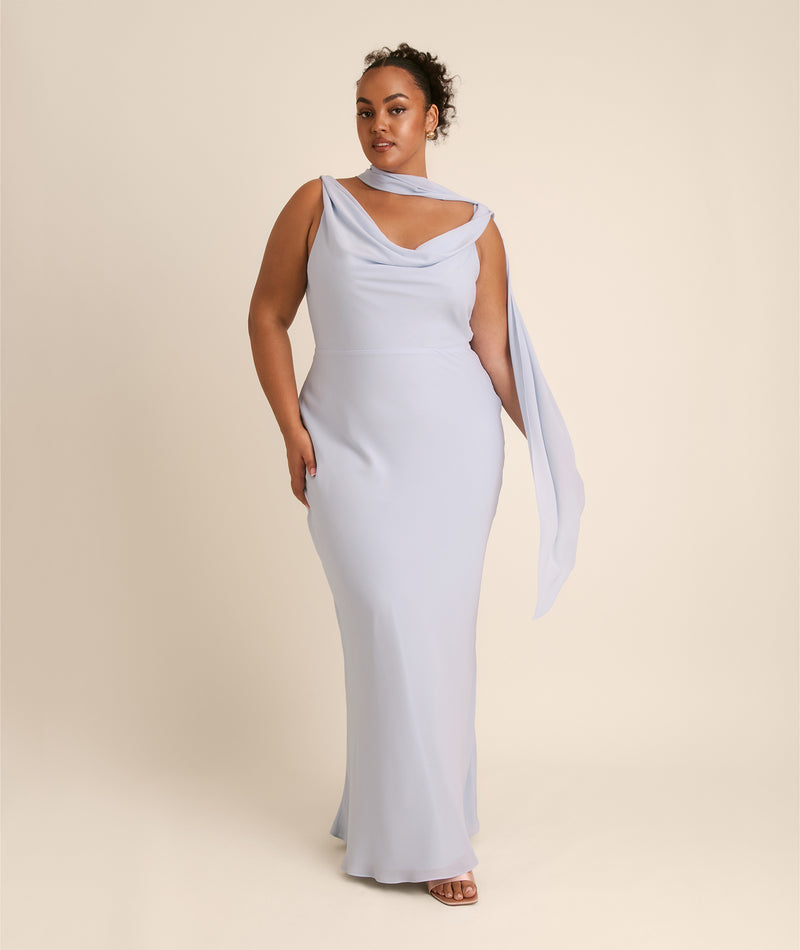 Plunge Cowl Chiffon Bridesmaid Dress with Neck Scarf