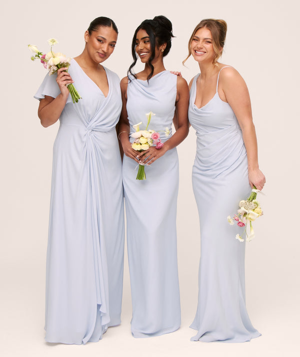 sachin and babi light blue dress Vintage Ivory Satin & Chiffon Sheath Caped Bridal Dress