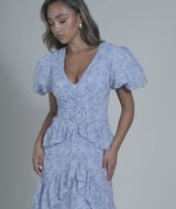 Floral Plunge Belted Ruffle Maxi Dress - Pale Blue