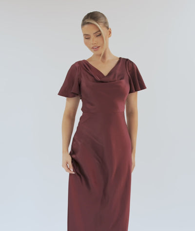 Cowl Front Satin Short Sleeve Bridesmaid Dress - Deep Wine