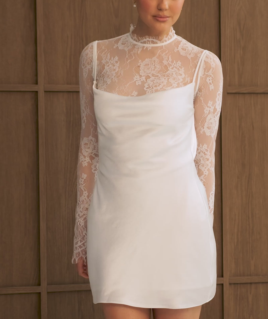 long sleeve white satin mini dress Lace Sleeve Cowl Satin Mini Dress - White