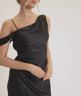 Asymmetrical Satin Bridesmaid Dress - Black