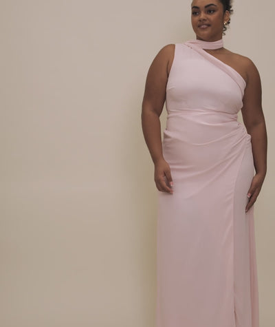 One Shoulder Neck Tie Chiffon Bridesmaid Dress - Blush Pink
