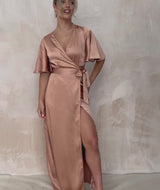 Wrap Tie Satin Bridesmaid Dress - Burnt Peach