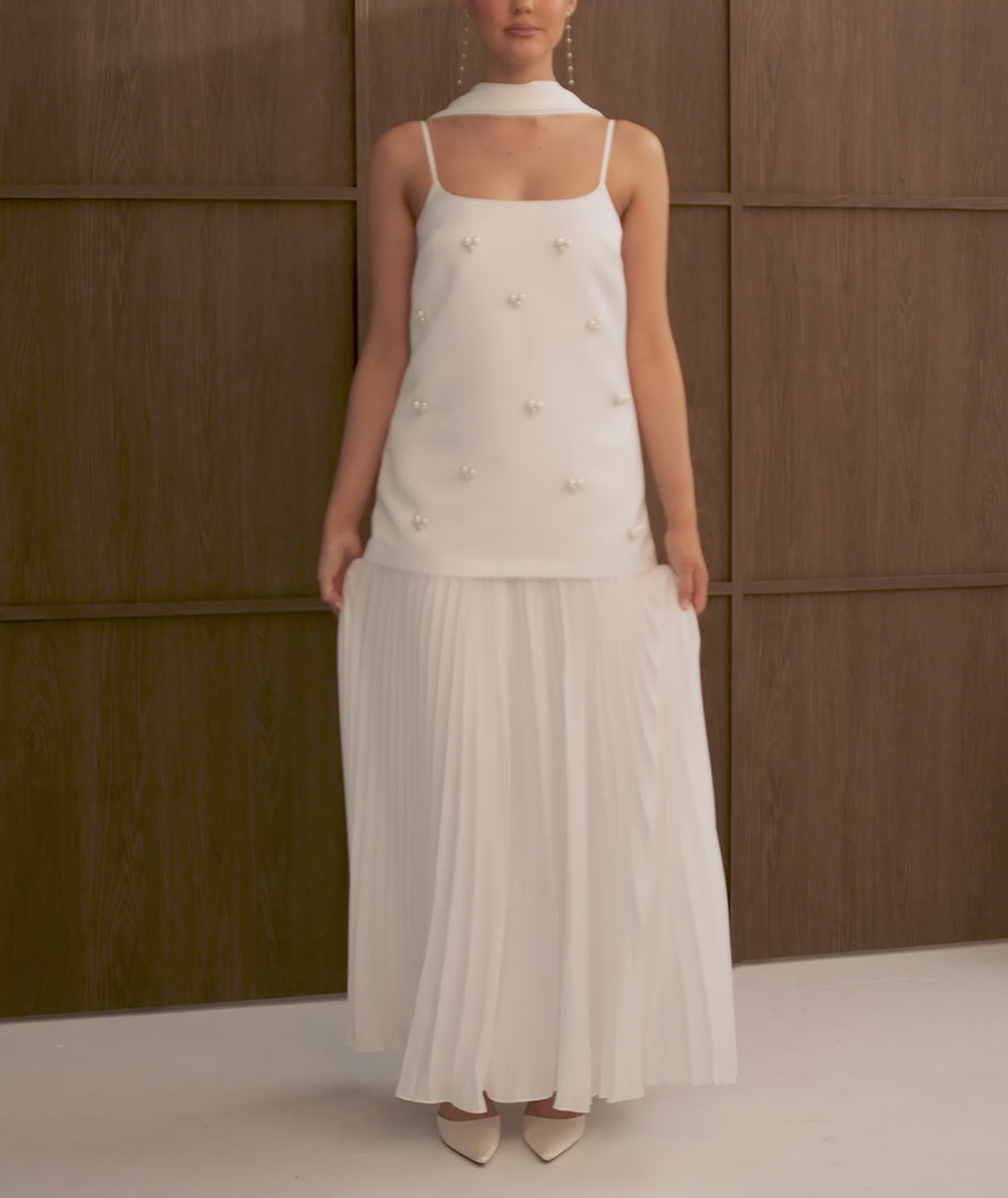 Pearl Embellished Maxi Dress with Neck Scarf - White