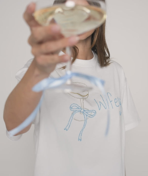 Wifey Champagne Coupe Beaded Tee – White