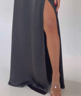 Wrap Tie Satin Bridesmaid Dress - Black
