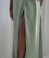 Wrap Tie Satin Bridesmaid Dress - Sage