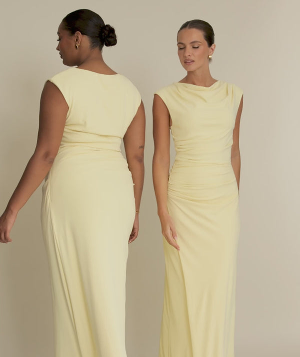 Cowl Wrap Neck Stretch Sculpt Bridesmaid Dress - Lemon