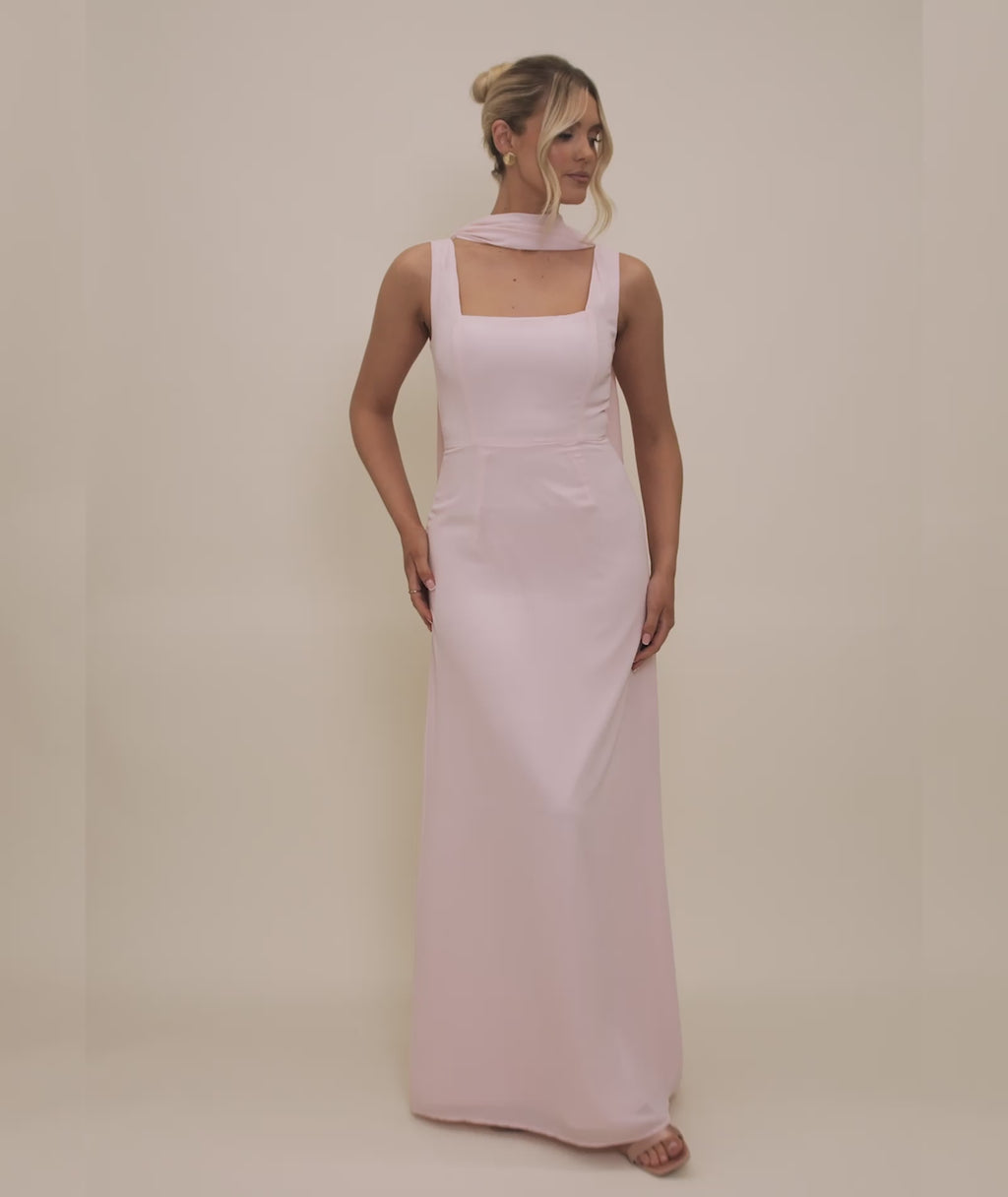 Square Neck Chiffon Bridesmaid Dress with Neck Scarf - Blush Pink